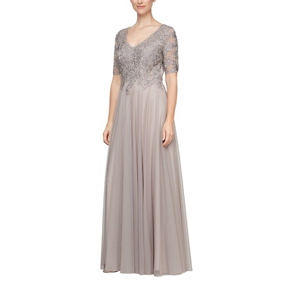 alex evenings taupe dress Alex Evenings V-Neck Embroidered Dress with Godet Detail Skirt and Shawl TAUPE / 16
